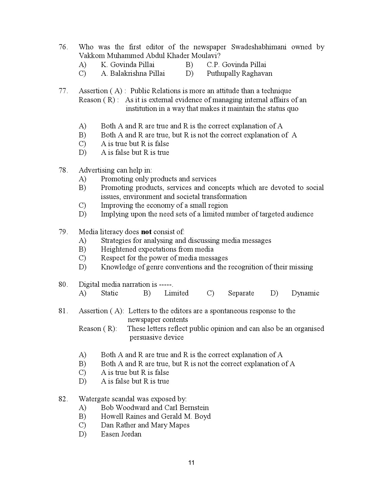 Kerala SET Journalism Exam Question Paper January 2023 11