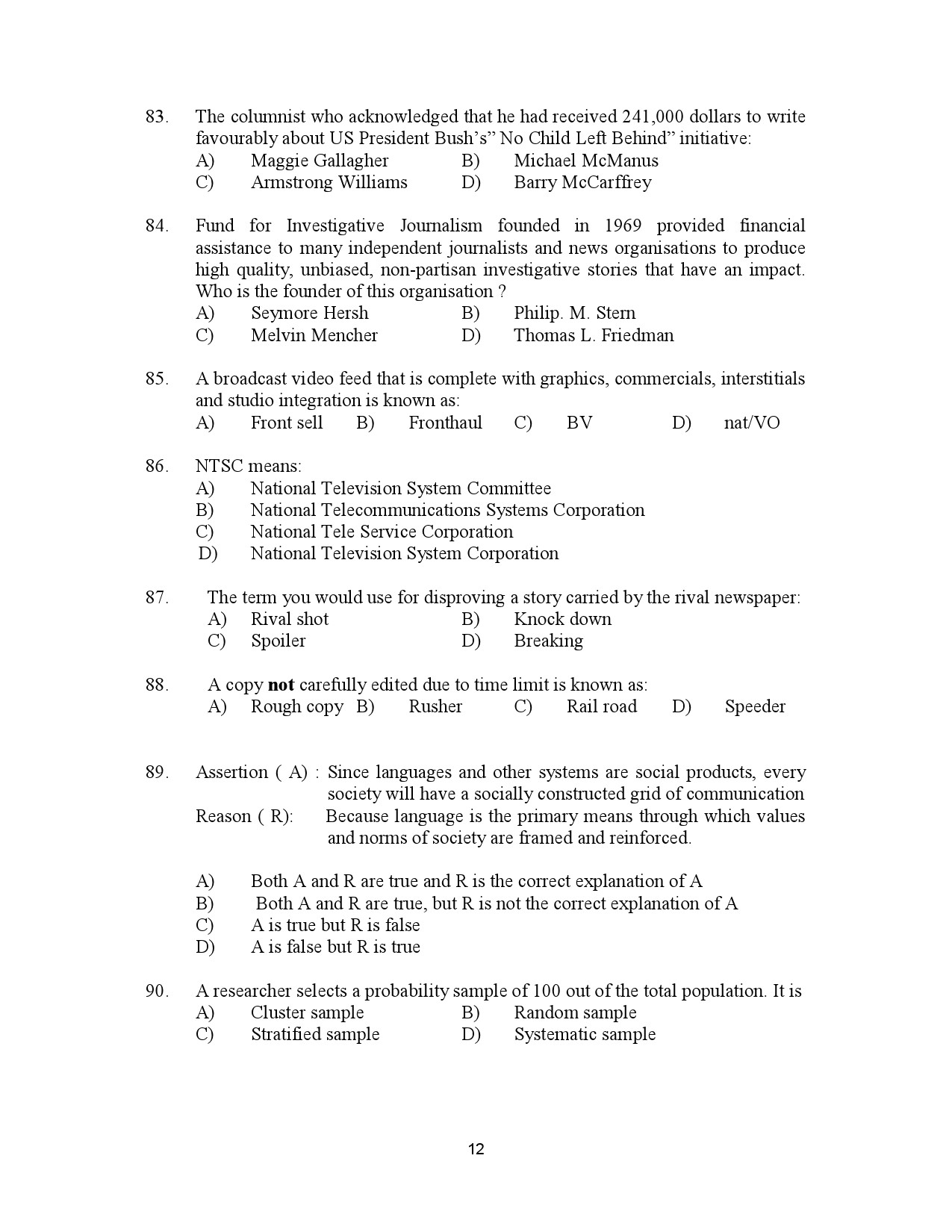 Kerala SET Journalism Exam Question Paper January 2023 12