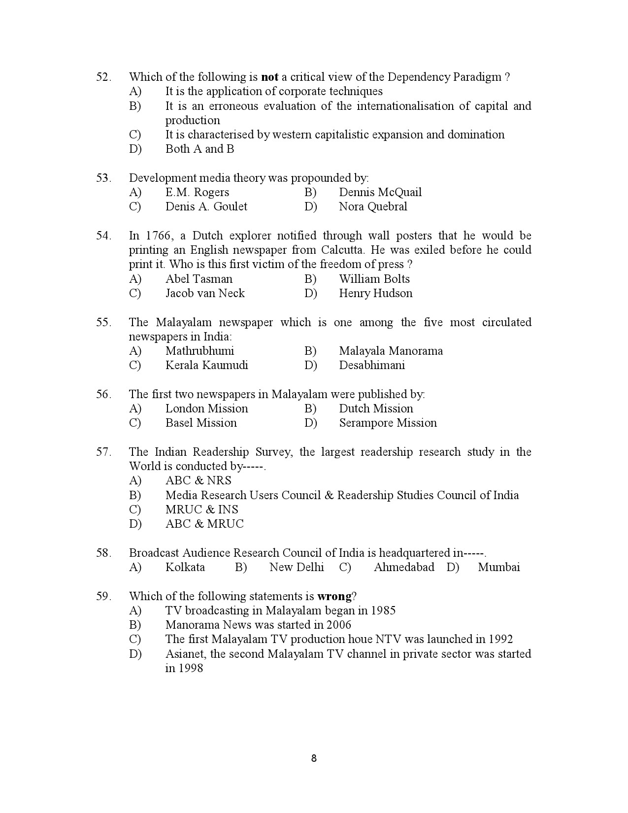 Kerala SET Journalism Exam Question Paper January 2023 8