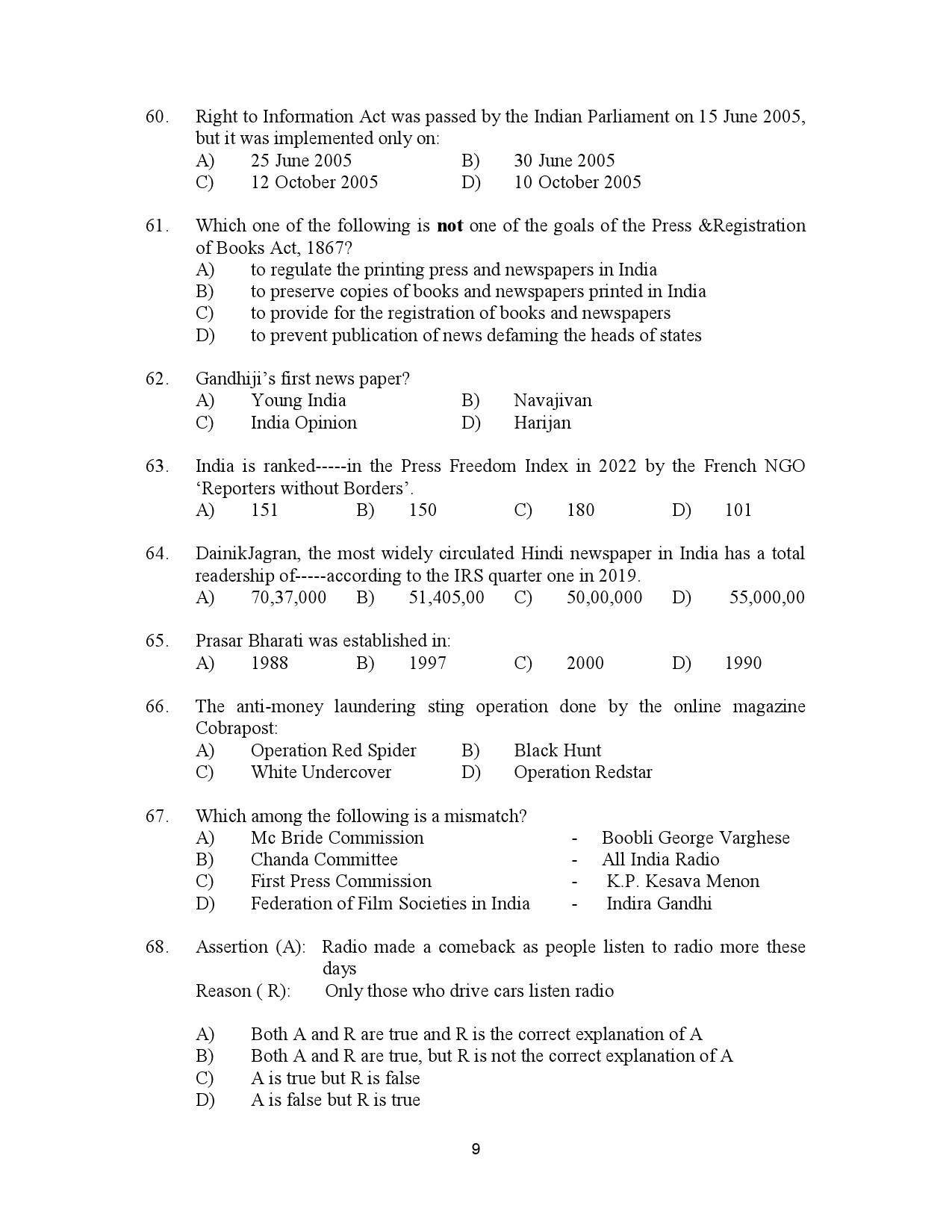 Kerala SET Journalism Exam Question Paper January 2023 9