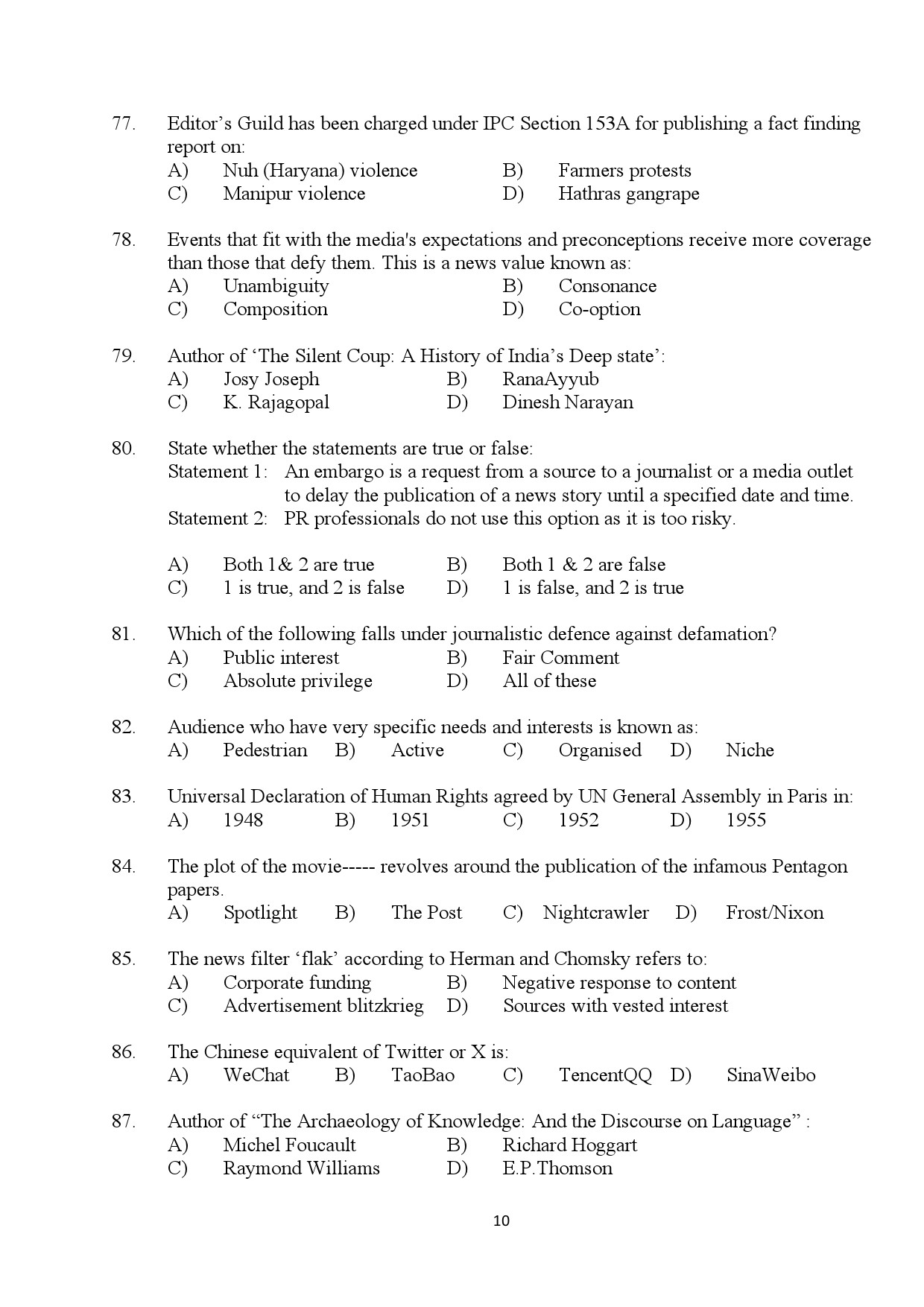 Kerala SET Journalism Exam Question Paper January 2024 10