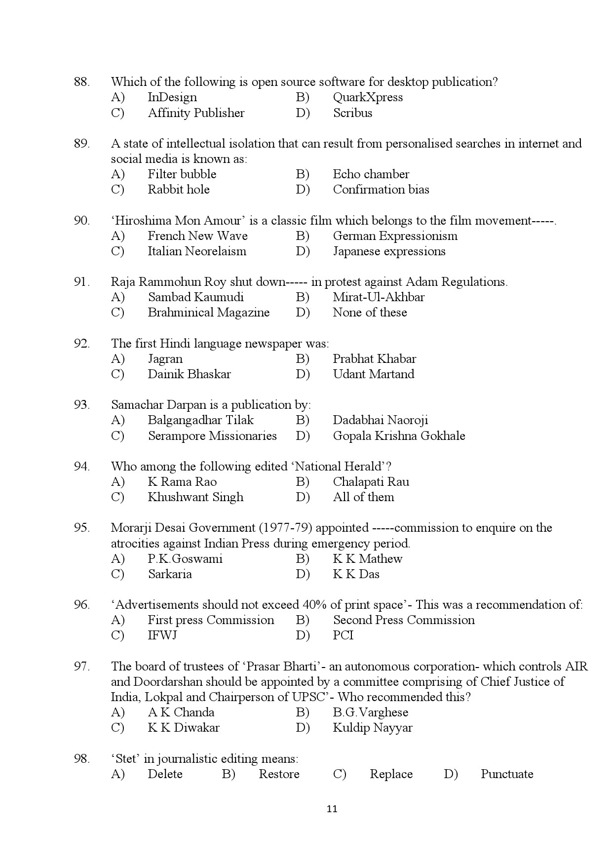 Kerala SET Journalism Exam Question Paper January 2024 11