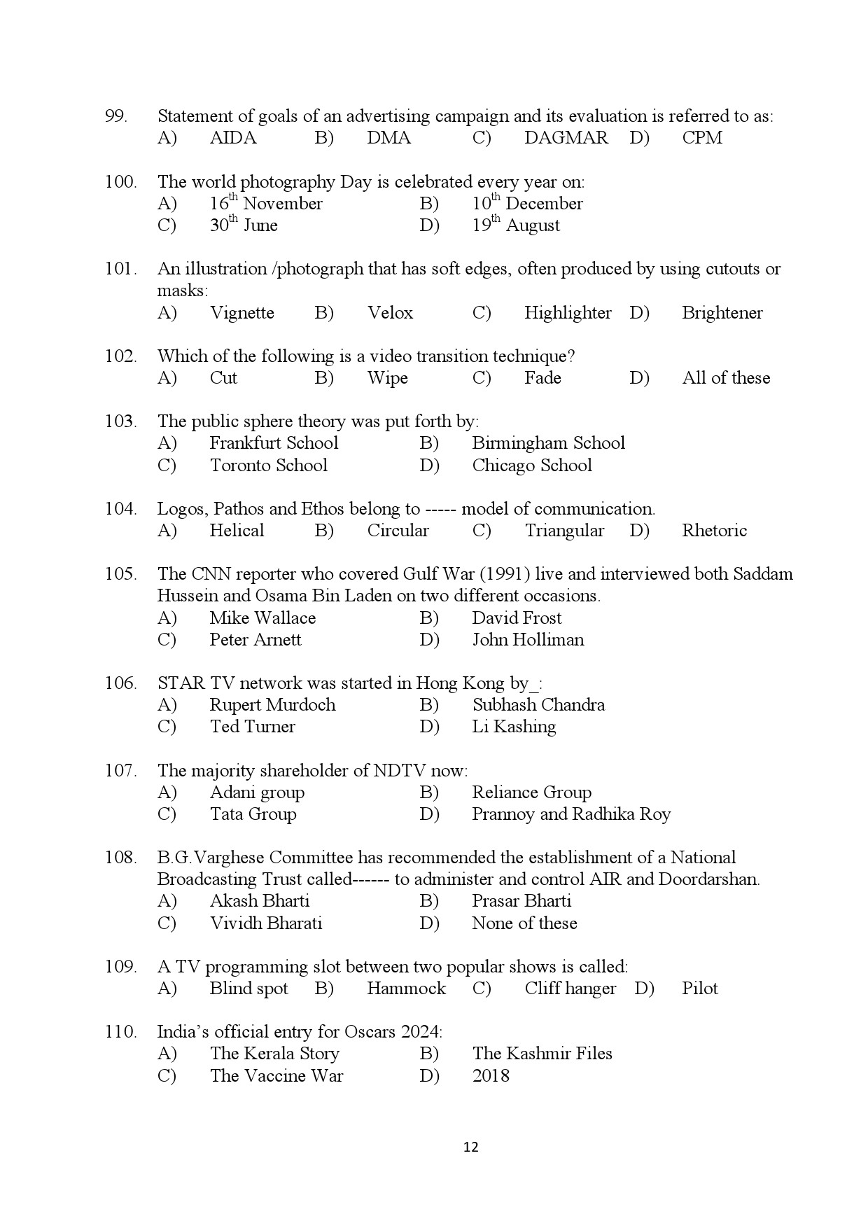 Kerala SET Journalism Exam Question Paper January 2024 12