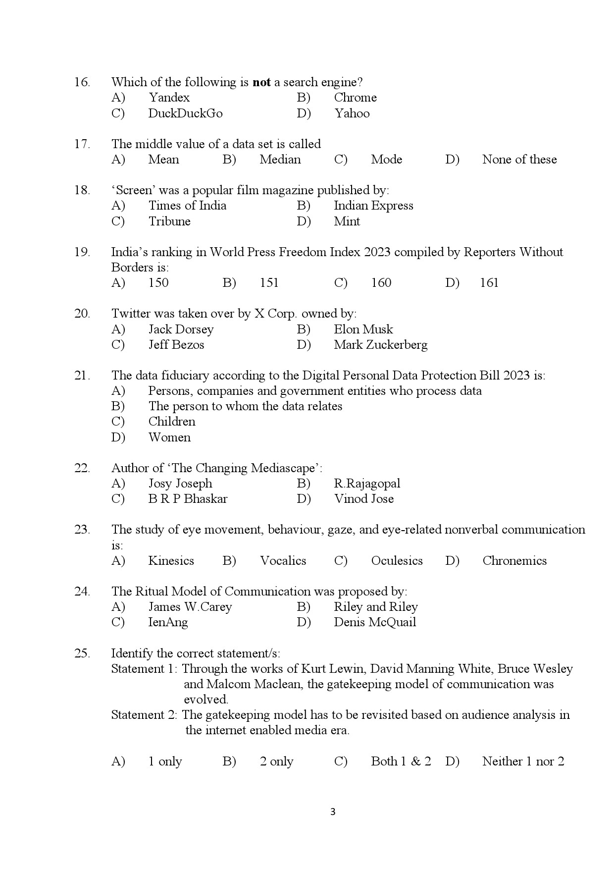 Kerala SET Journalism Exam Question Paper January 2024 3