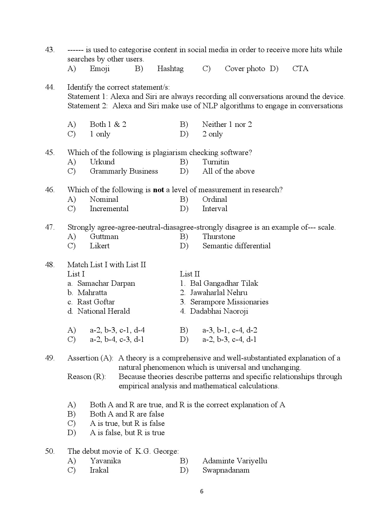 Kerala SET Journalism Exam Question Paper January 2024 6