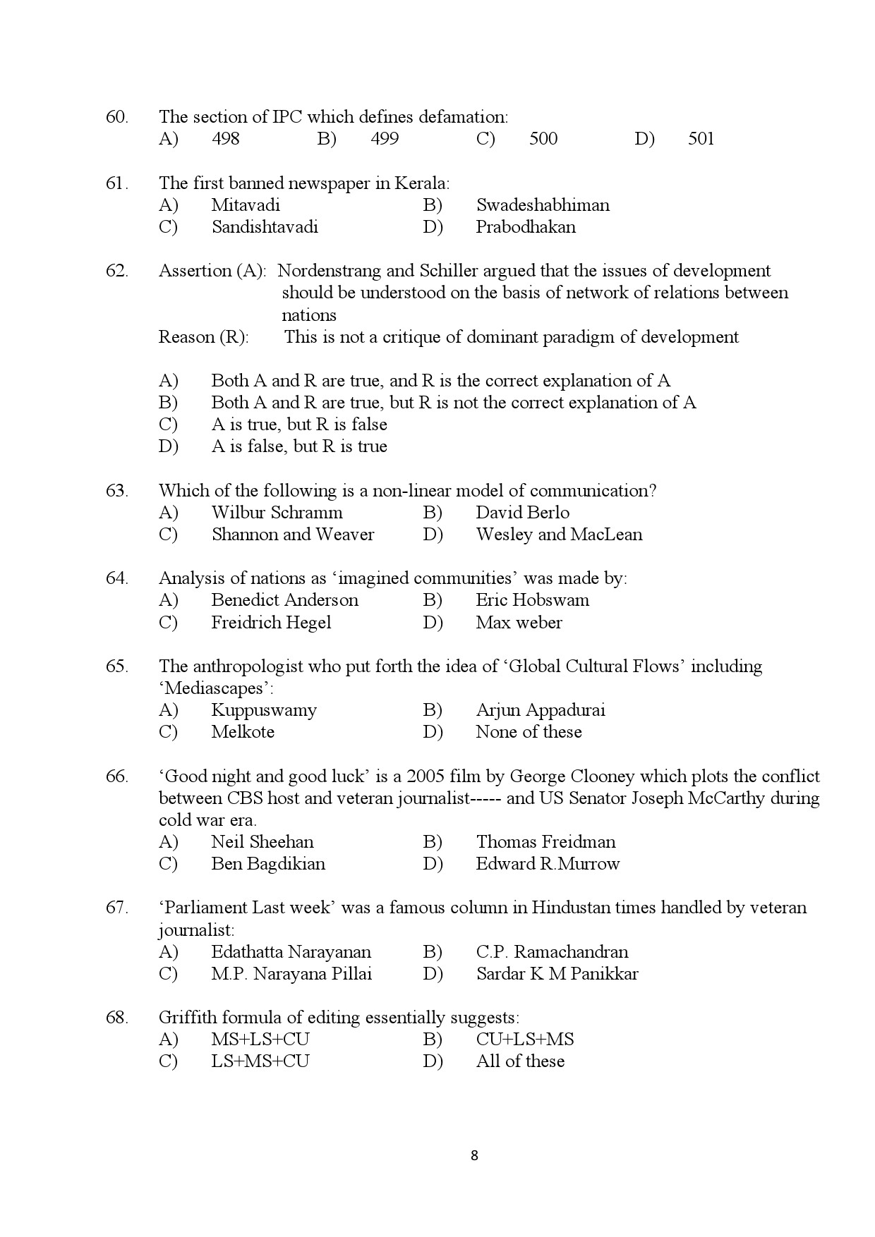 Kerala SET Journalism Exam Question Paper January 2024 8