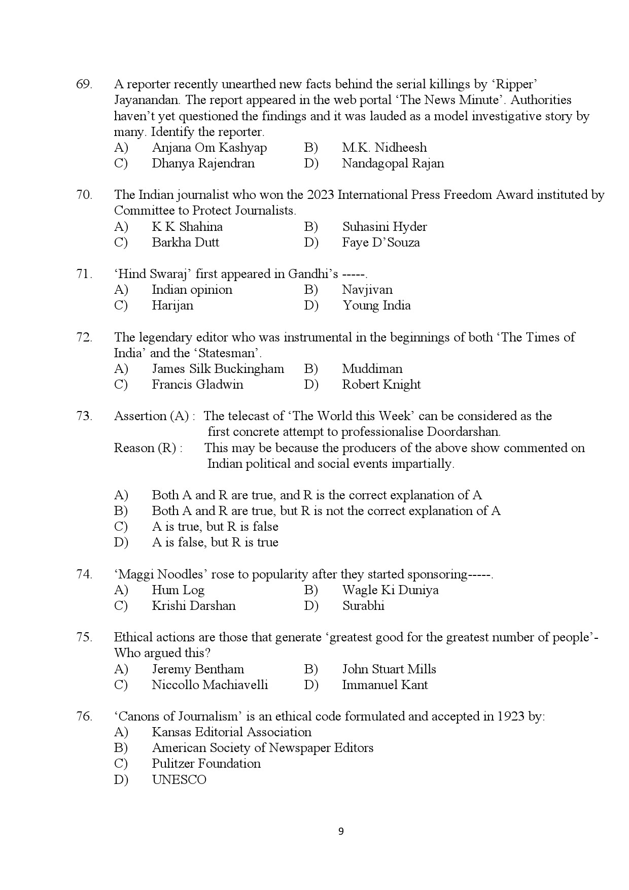 Kerala SET Journalism Exam Question Paper January 2024 9