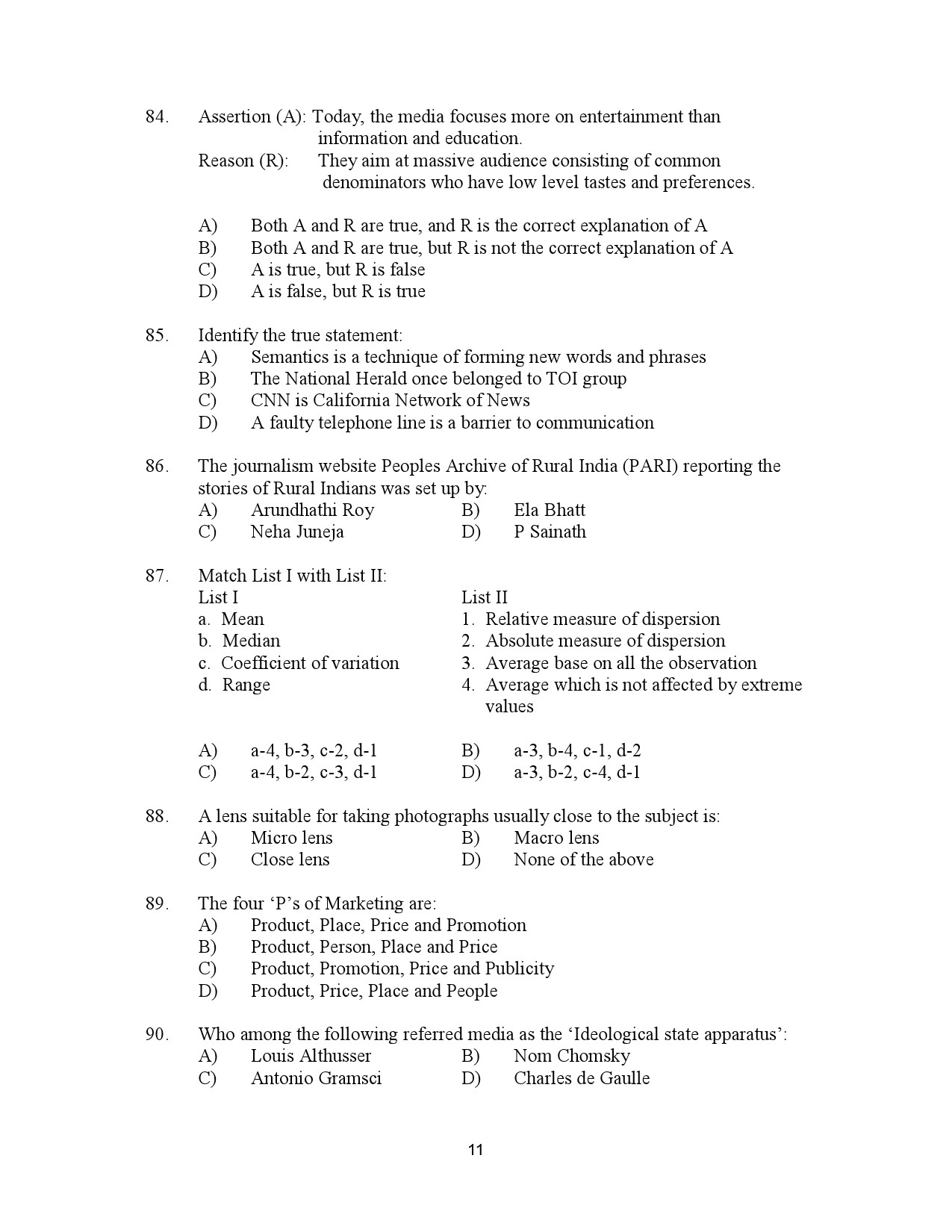 Kerala SET Journalism Exam Question Paper July 2023 11