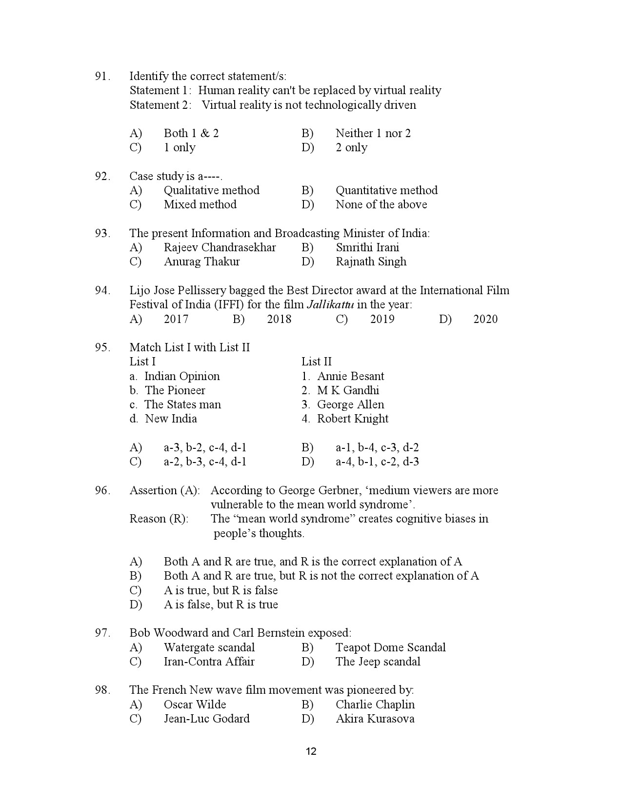 Kerala SET Journalism Exam Question Paper July 2023 12