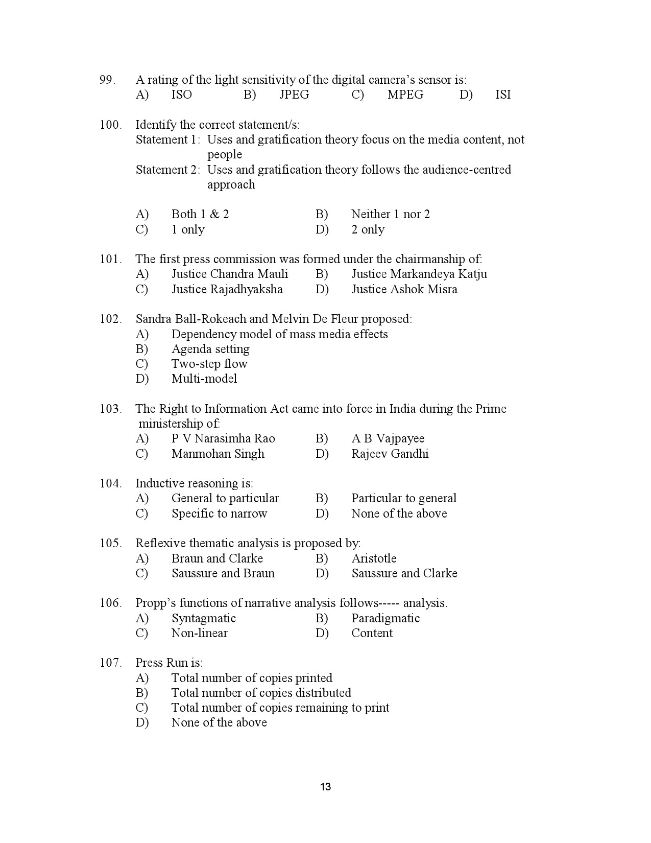 Kerala SET Journalism Exam Question Paper July 2023 13