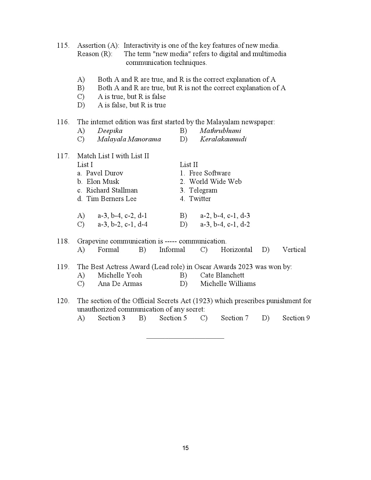 Kerala SET Journalism Exam Question Paper July 2023 15