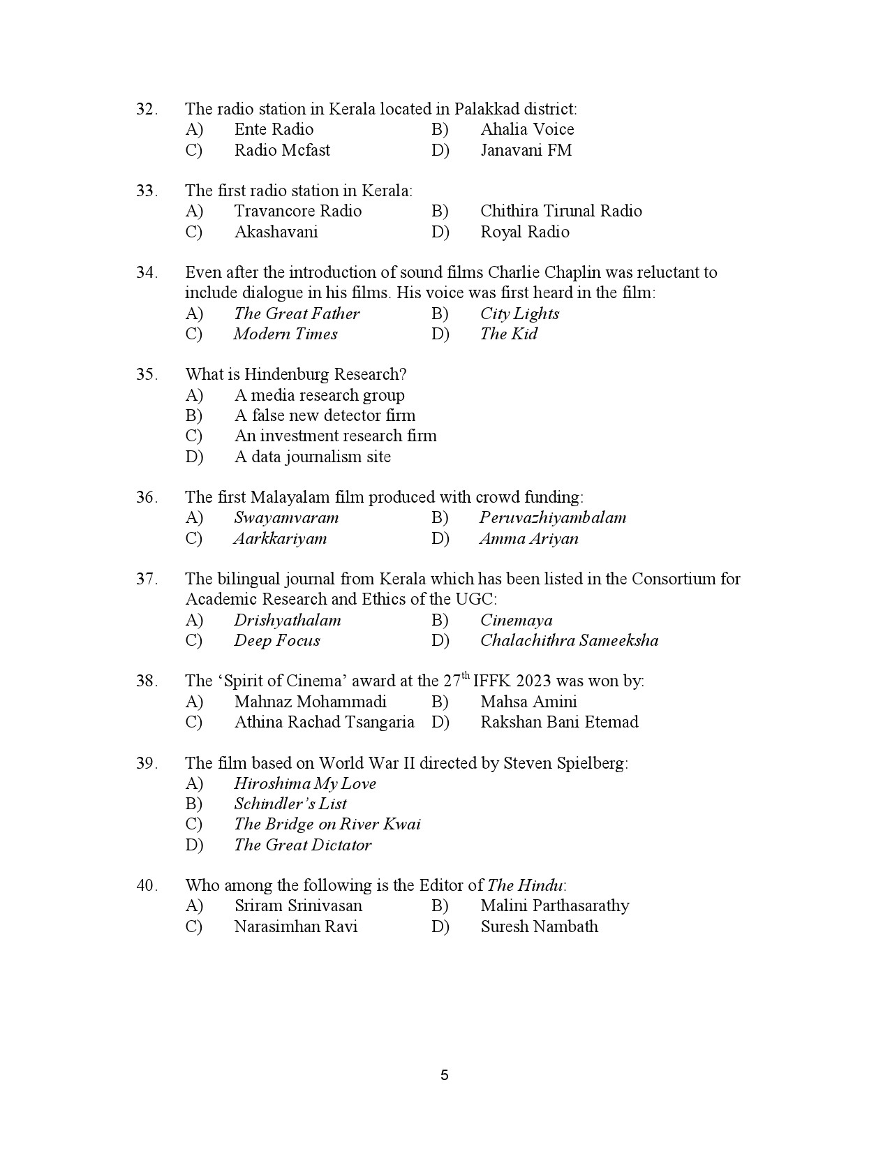 Kerala SET Journalism Exam Question Paper July 2023 5