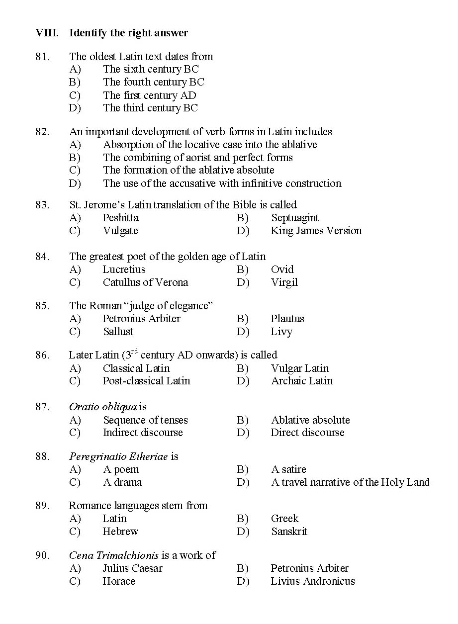 Kerala SET Latin Exam 2014 Question Code 14219 8
