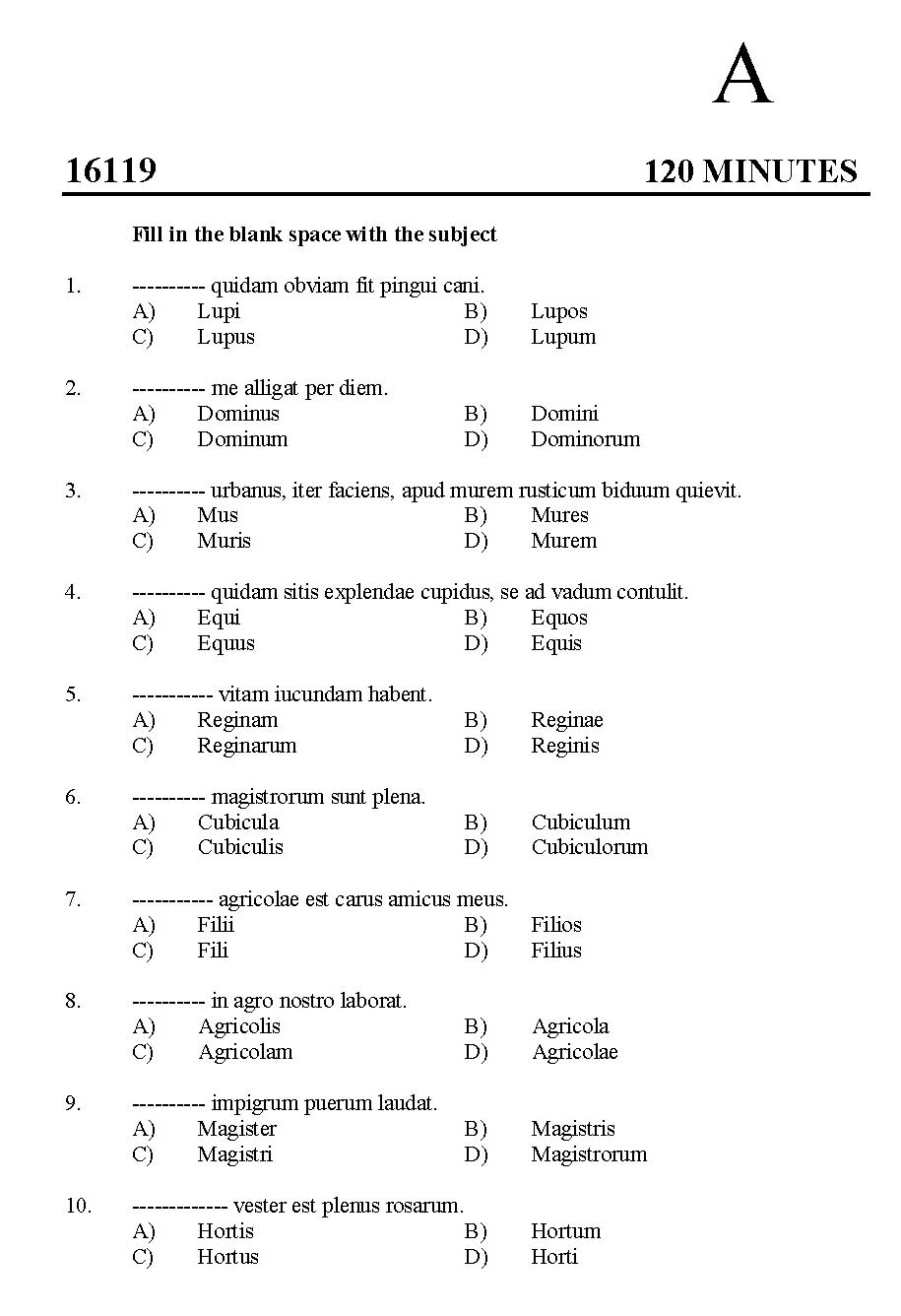 Kerala SET Latin Exam 2016 Question Code 16119 A 1