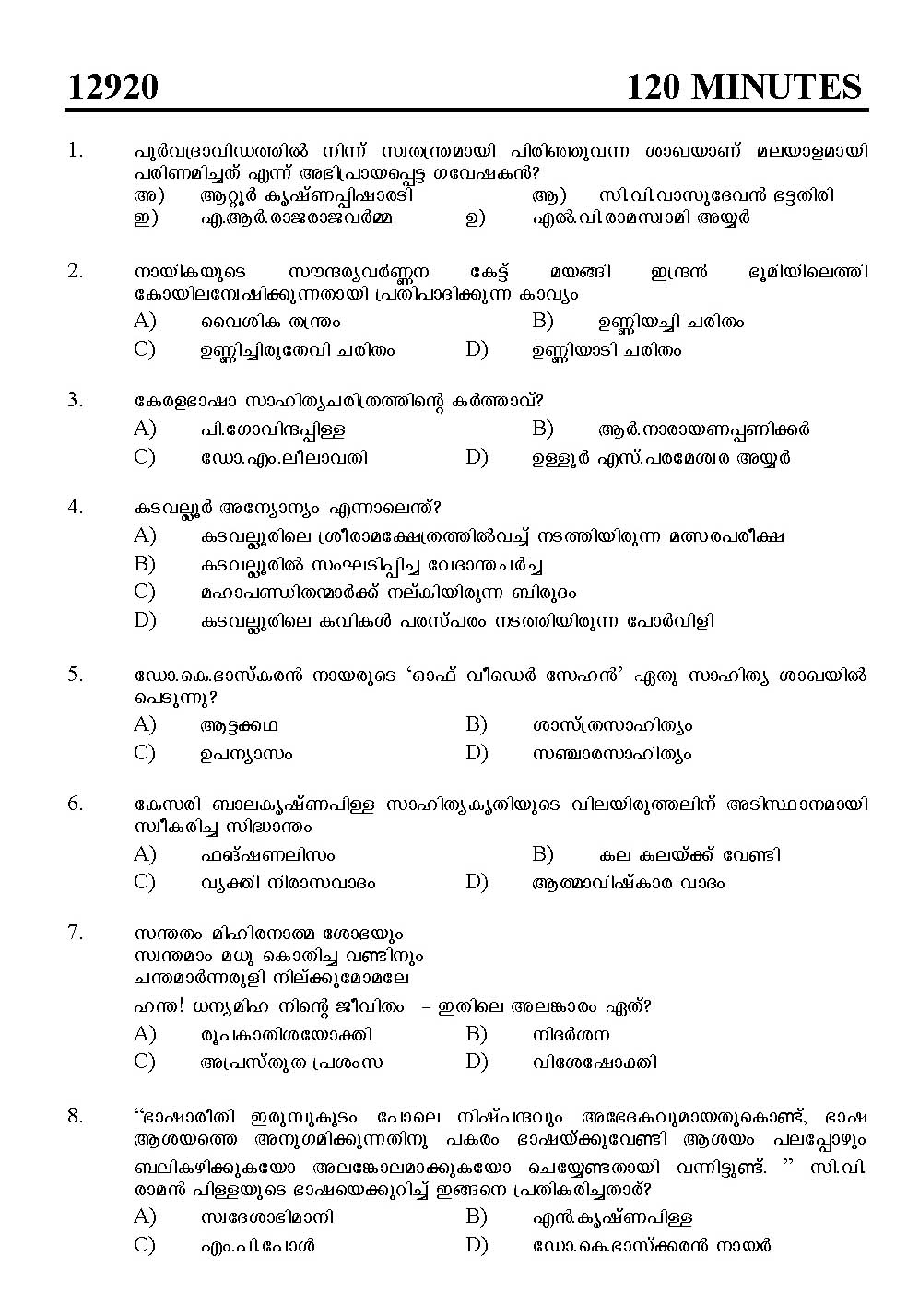 Kerala SET Malayalam Exam 2012 Question Code 12920 1