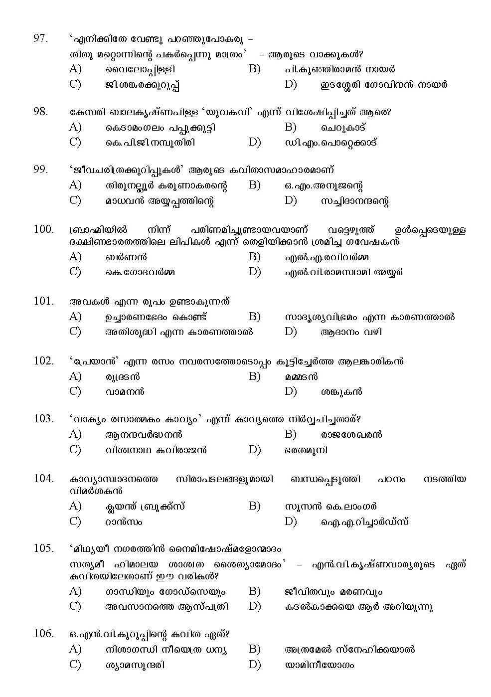 Kerala SET Malayalam Exam 2012 Question Code 12920 12