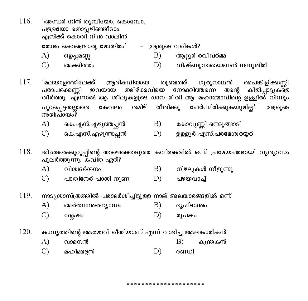 Kerala SET Malayalam Exam 2012 Question Code 12920 14