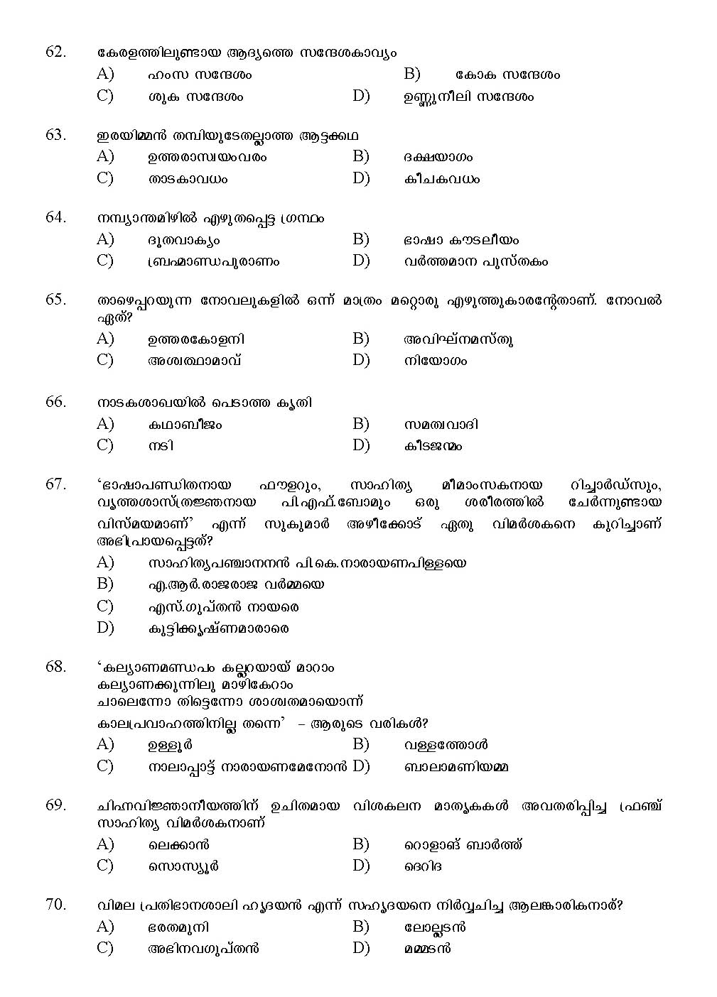 Kerala SET Malayalam Exam 2012 Question Code 12920 8