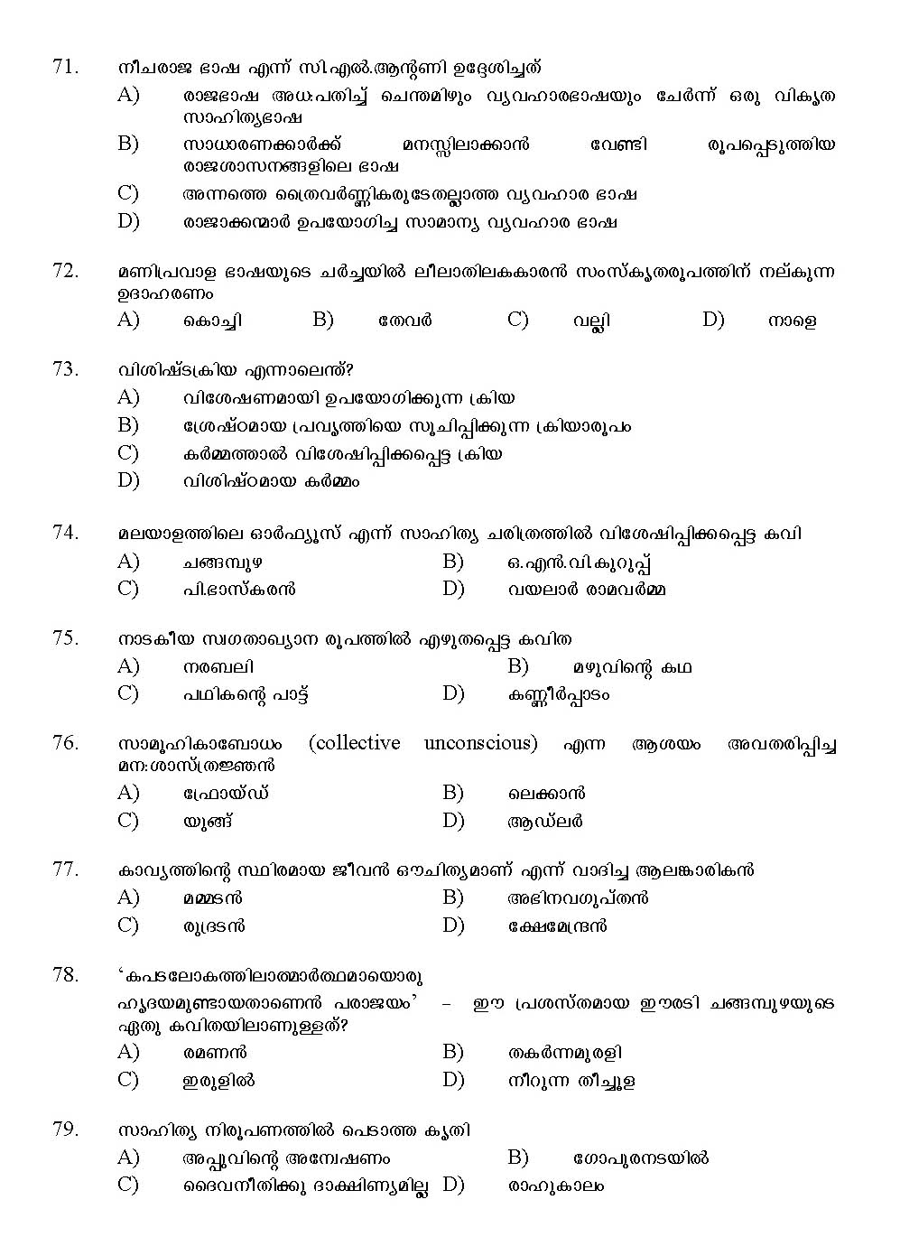 Kerala SET Malayalam Exam 2012 Question Code 12920 9