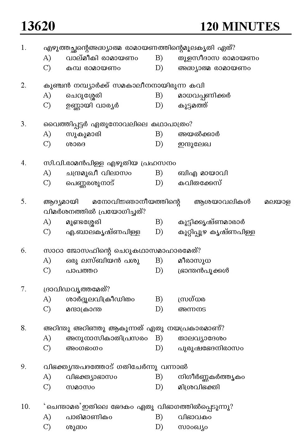 Kerala SET Malayalam Exam 2013 Question Code 13620 1