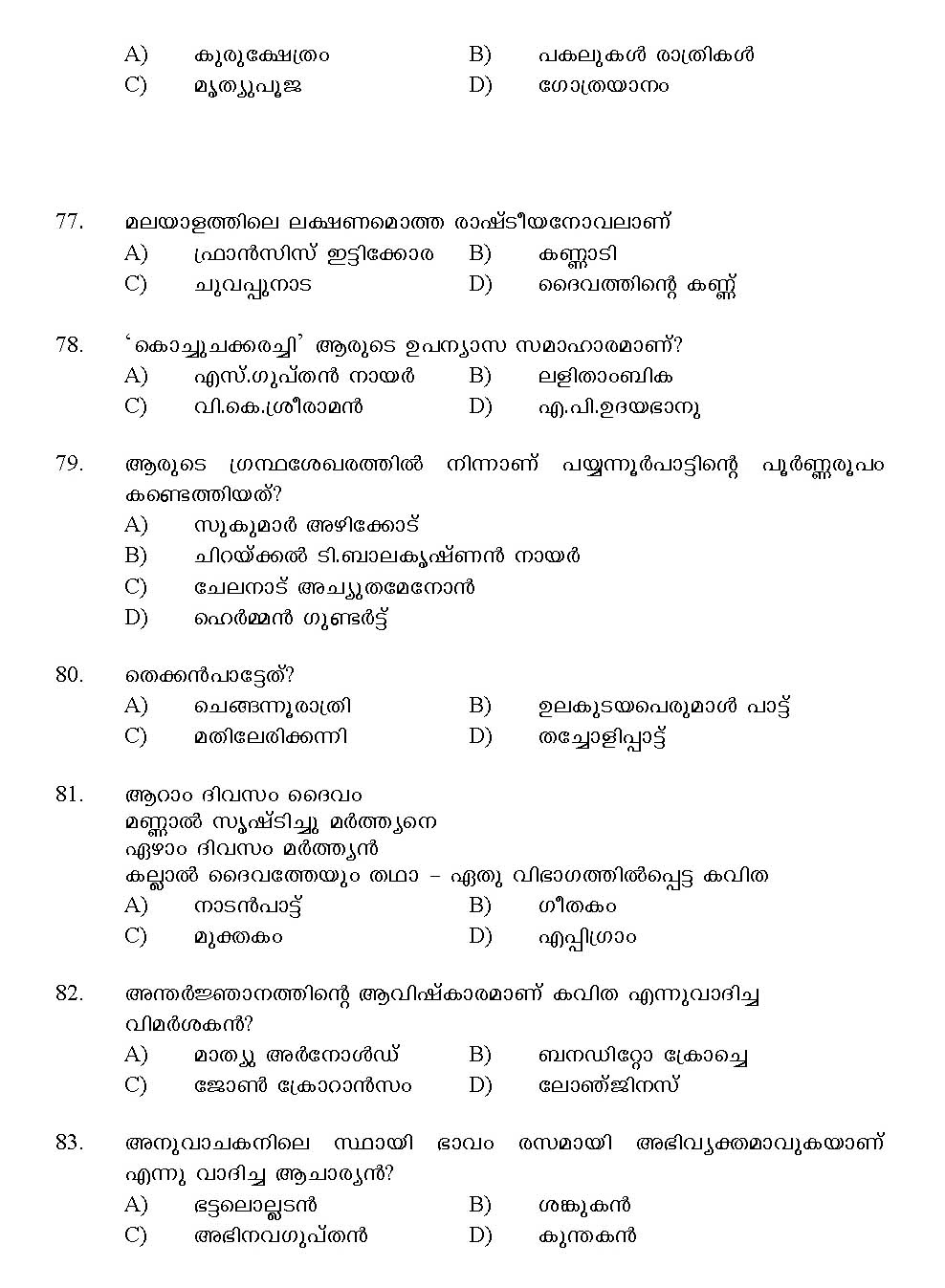 Kerala SET Malayalam Exam 2013 Question Code 13620 10