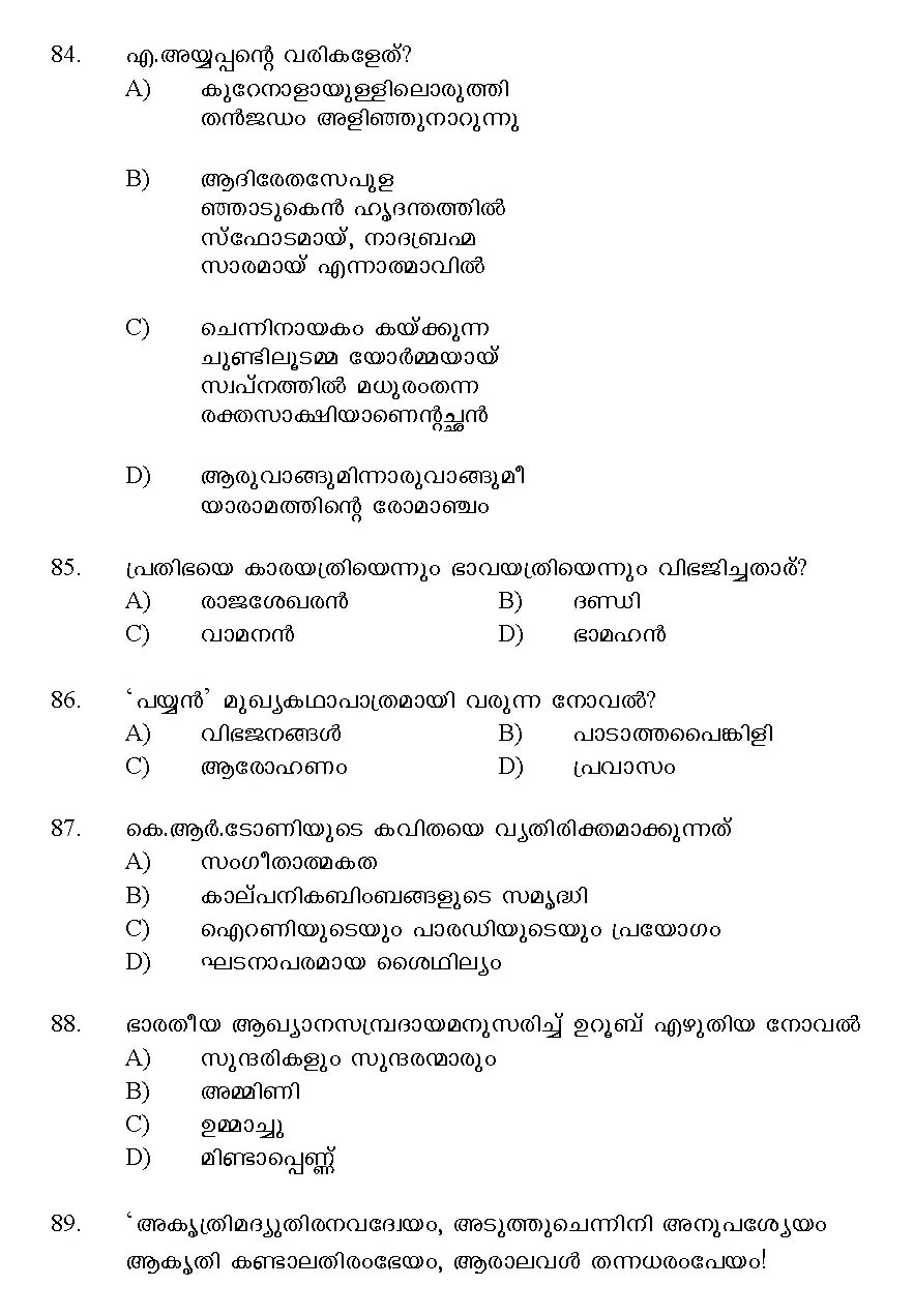 Kerala SET Malayalam Exam 2013 Question Code 13620 11