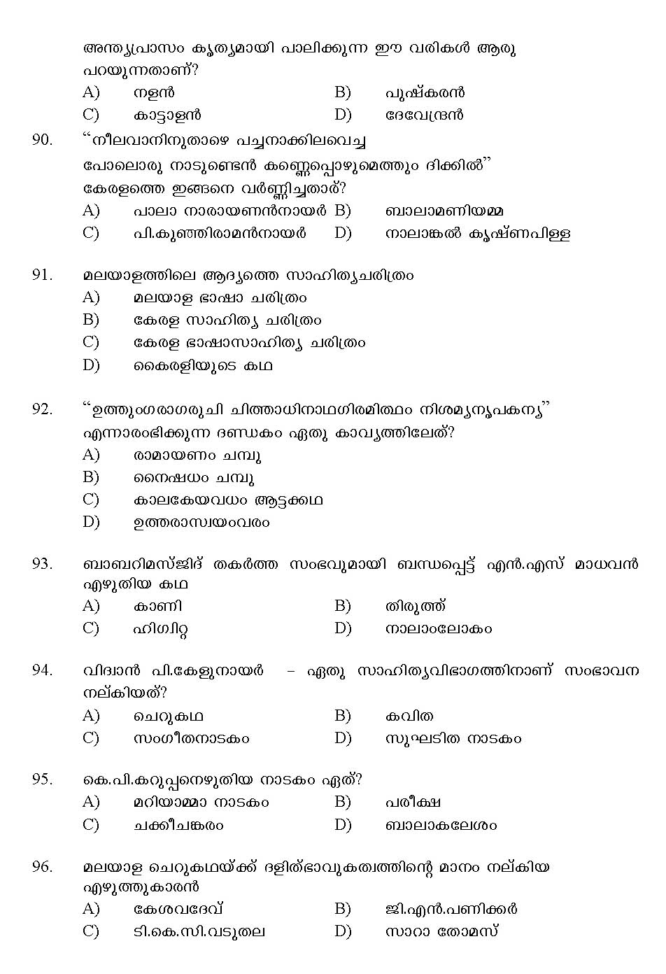 Kerala SET Malayalam Exam 2013 Question Code 13620 12