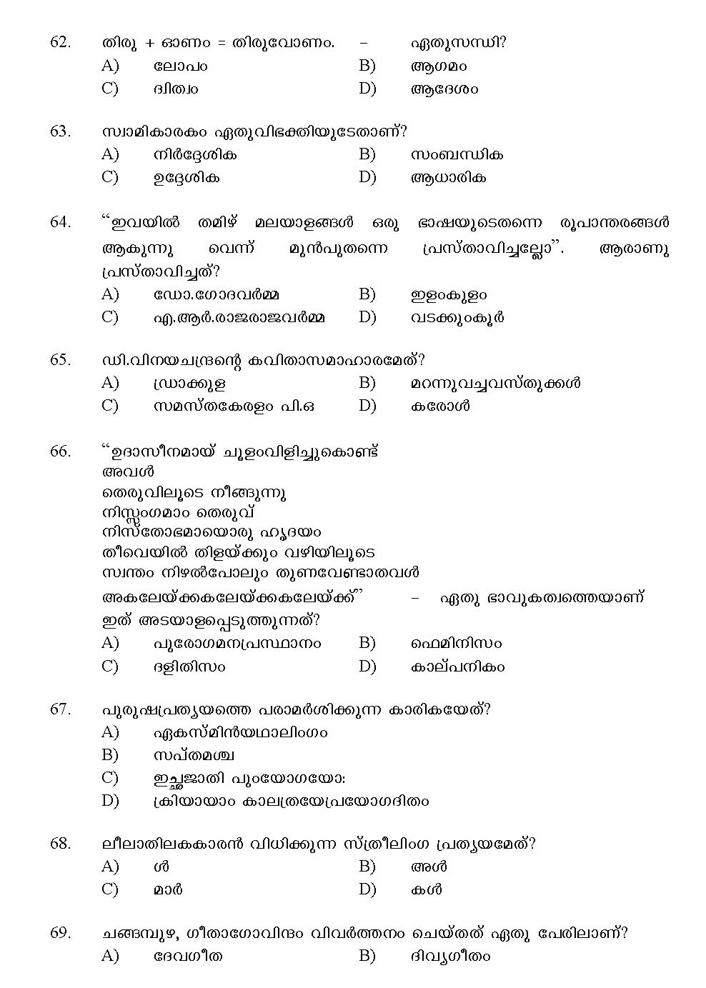 Kerala SET Malayalam Exam 2013 Question Code 13620 8