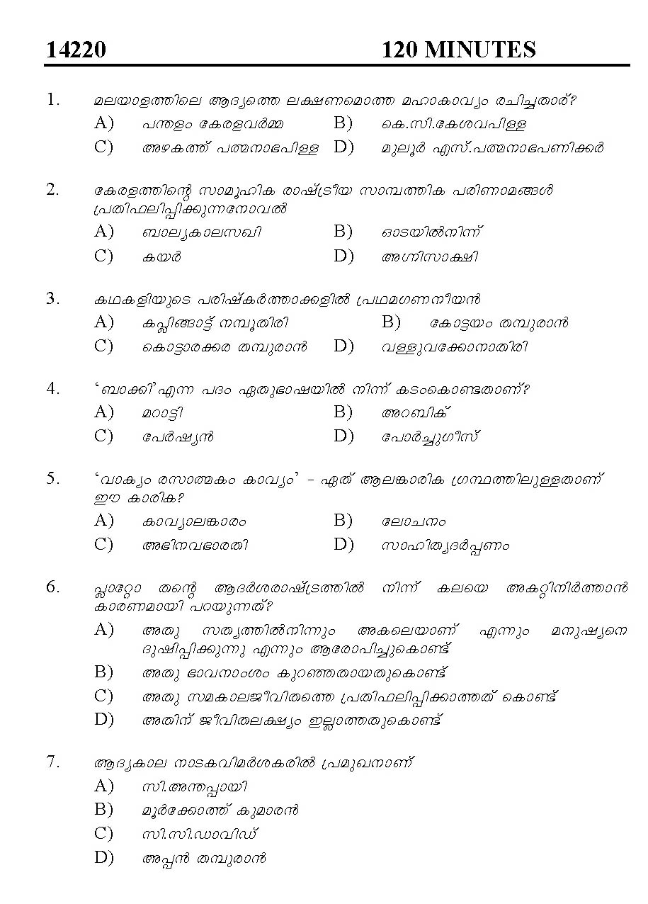 Kerala SET Malayalam Exam 2014 Question Code 14220 1