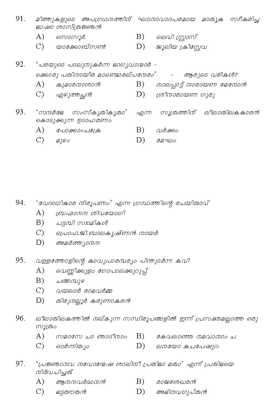 Kerala SET Malayalam Exam 2014 Question Code 14220 14