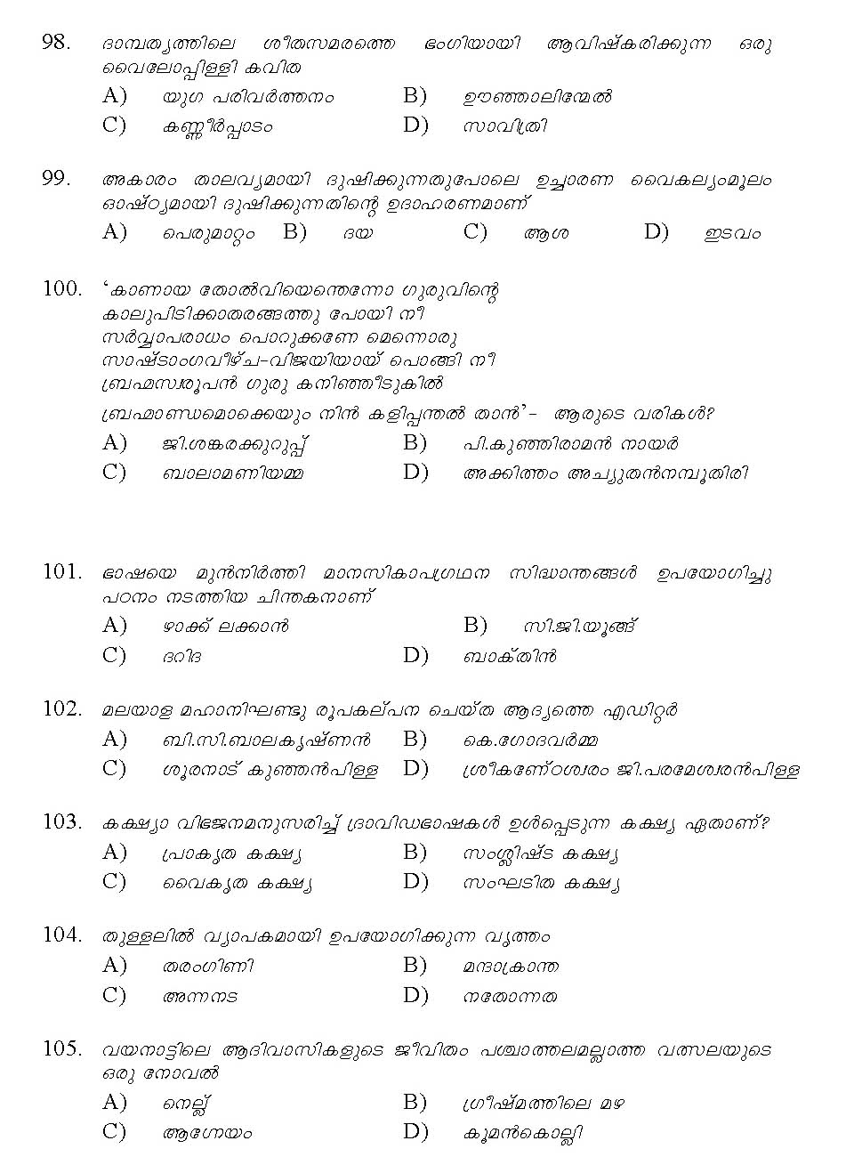 Kerala SET Malayalam Exam 2014 Question Code 14220 15