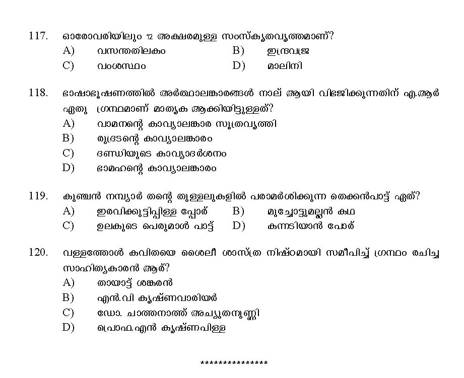 Kerala SET Malayalam Exam 2015 Question Code 15620 15