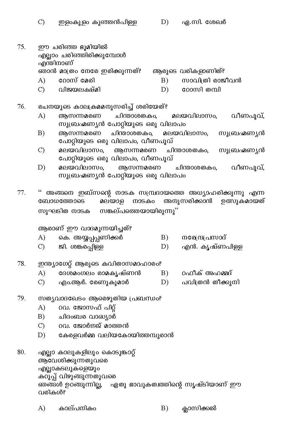 Kerala SET Malayalam Exam 2016 Question Code 16120 A 10