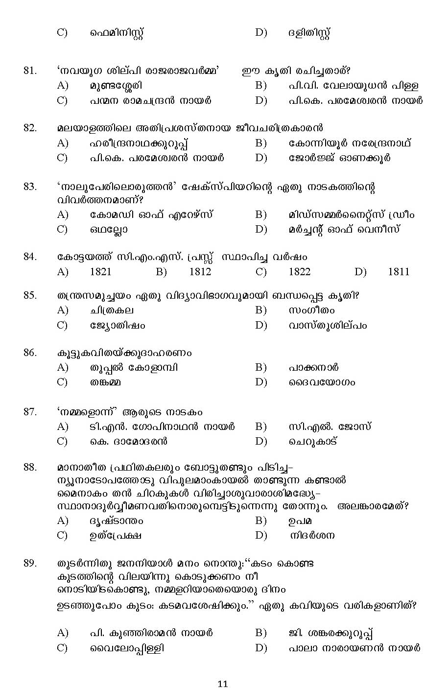 Kerala SET Malayalam Exam 2016 Question Code 16120 A 11