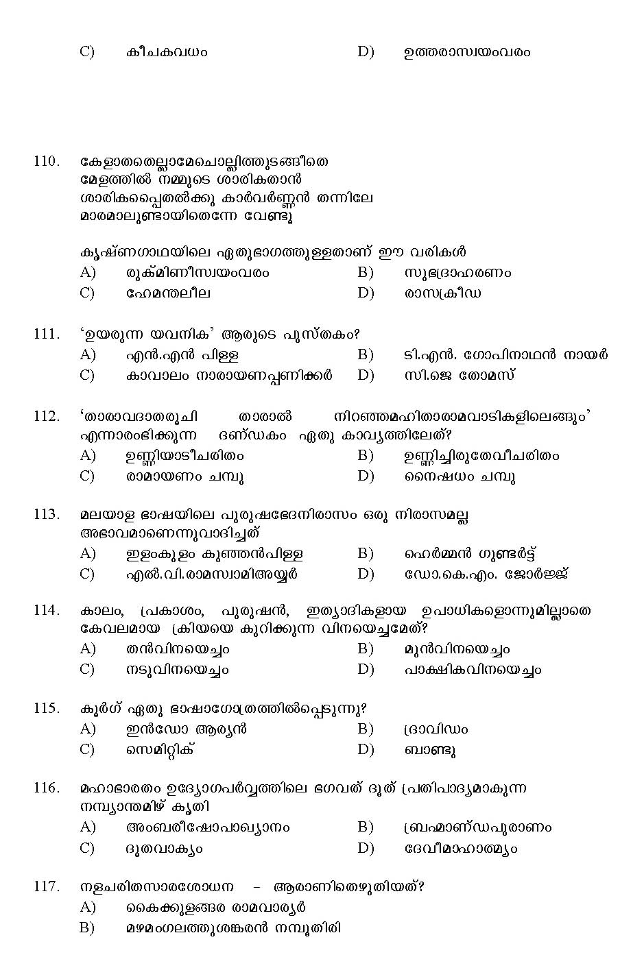 Kerala SET Malayalam Exam 2016 Question Code 16120 A 15