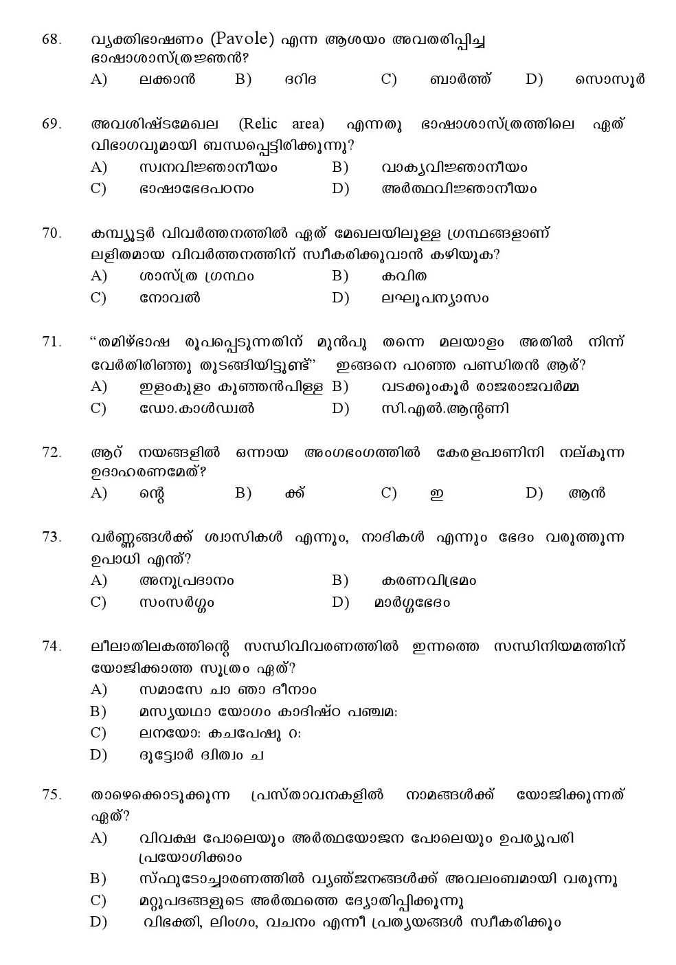 Kerala SET Malayalam Exam 2016 Question Code 16620 A 10