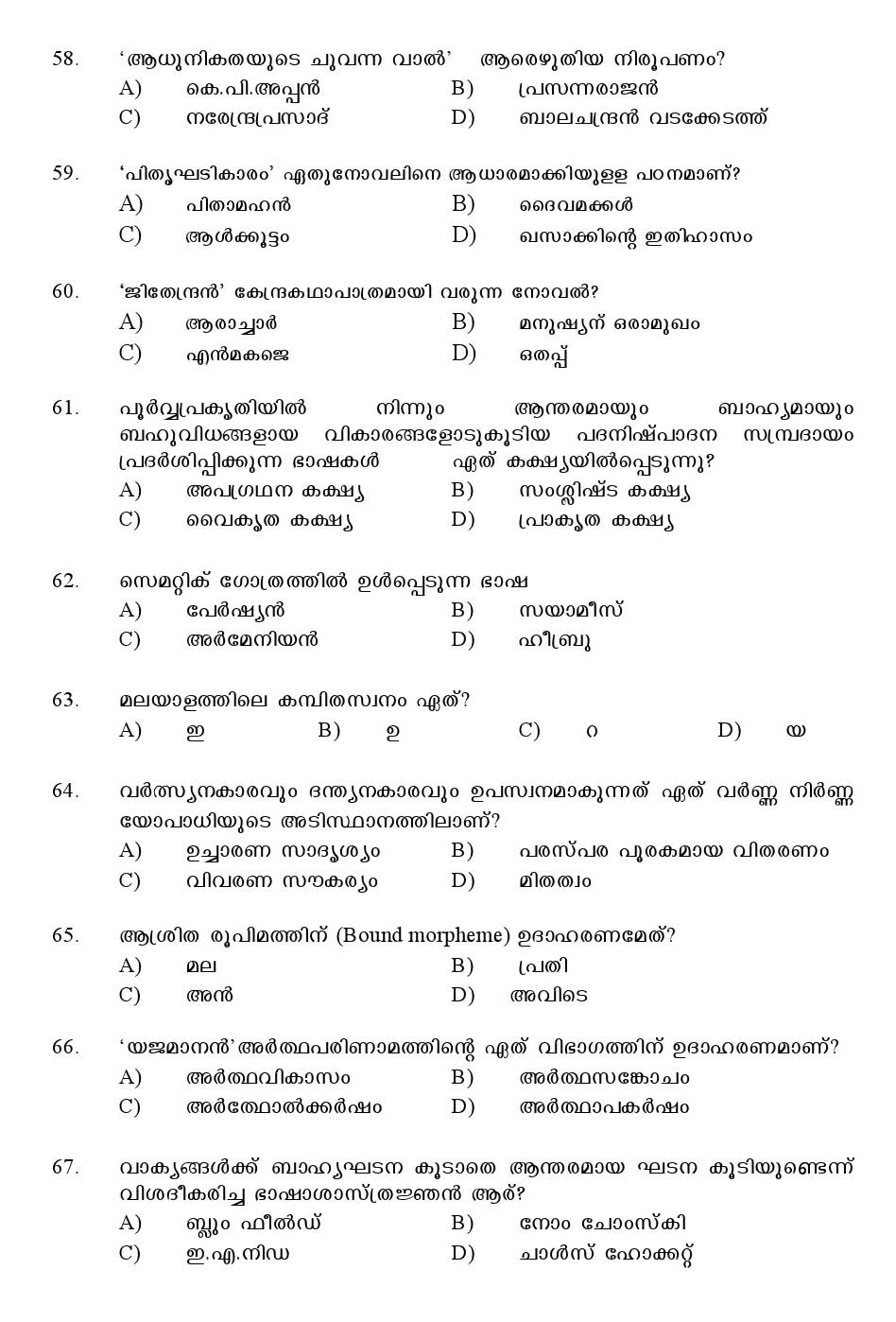 Kerala SET Malayalam Exam 2016 Question Code 16620 A 9