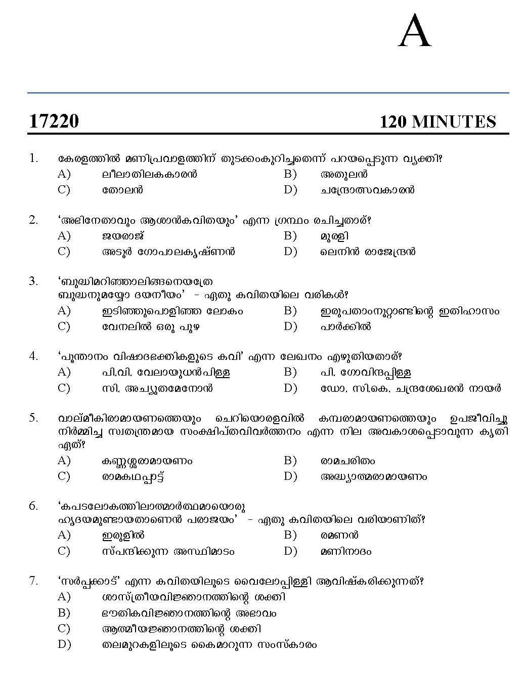 Kerala SET Malayalam Exam 2017 Question Code 17220 A 1