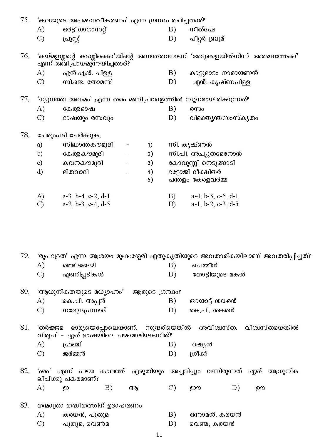Kerala SET Malayalam Exam 2017 Question Code 17220 A 11