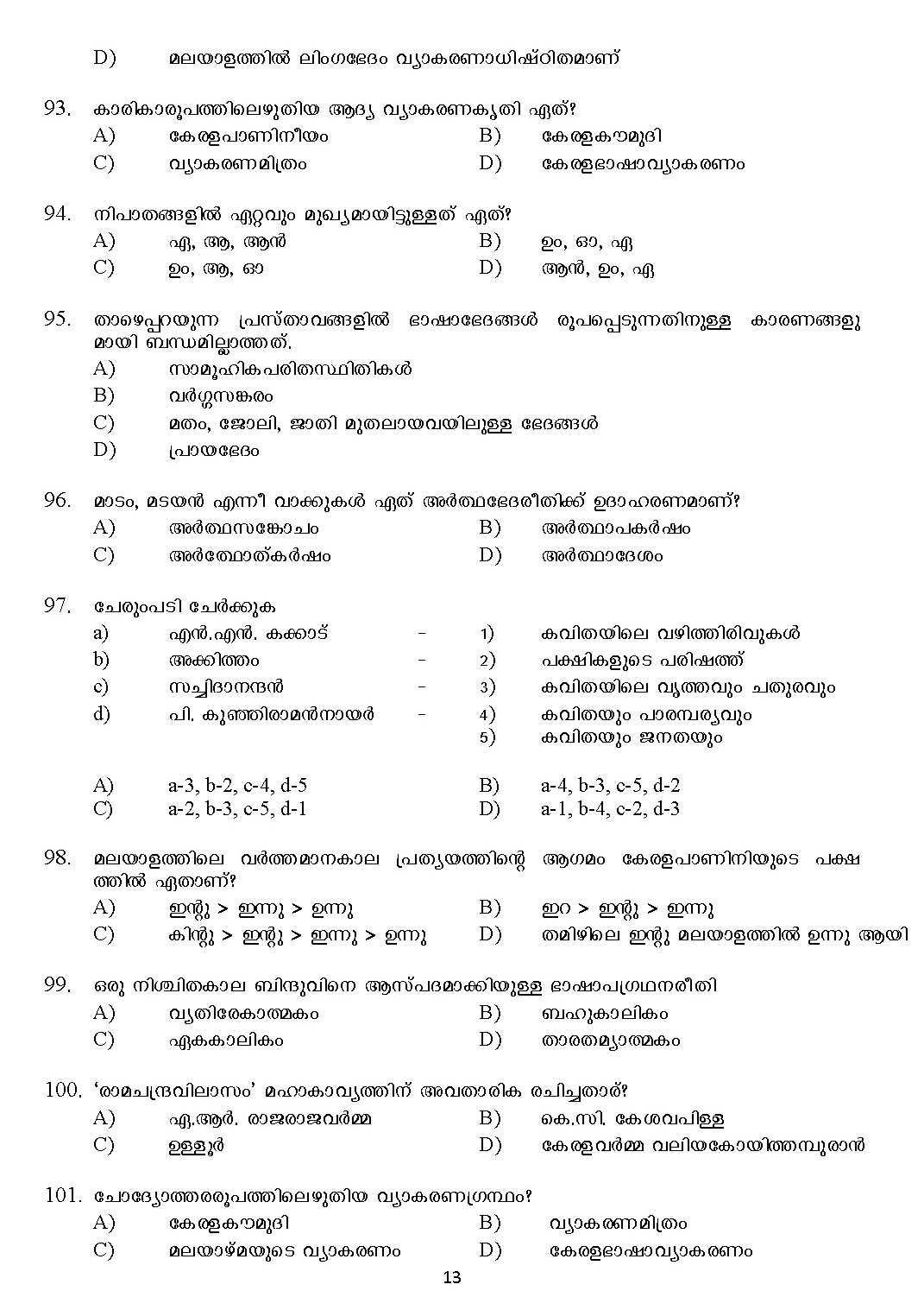 Kerala SET Malayalam Exam 2017 Question Code 17220 A 13