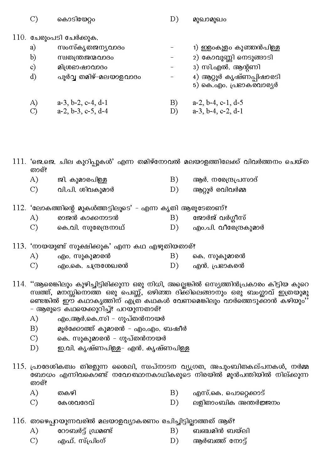Kerala SET Malayalam Exam 2017 Question Code 17220 A 15
