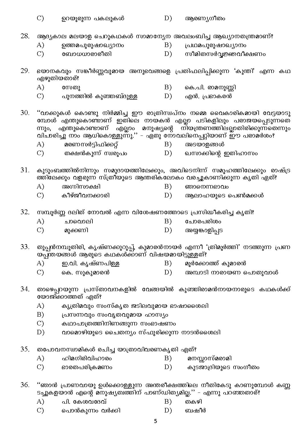Kerala SET Malayalam Exam 2017 Question Code 17220 A 5