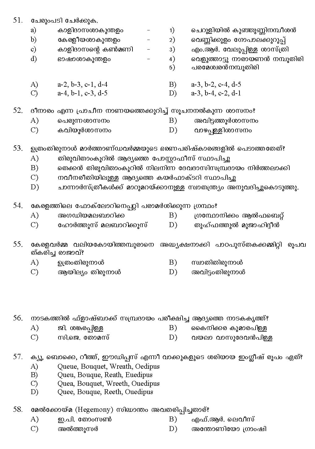 Kerala SET Malayalam Exam 2017 Question Code 17220 A 8