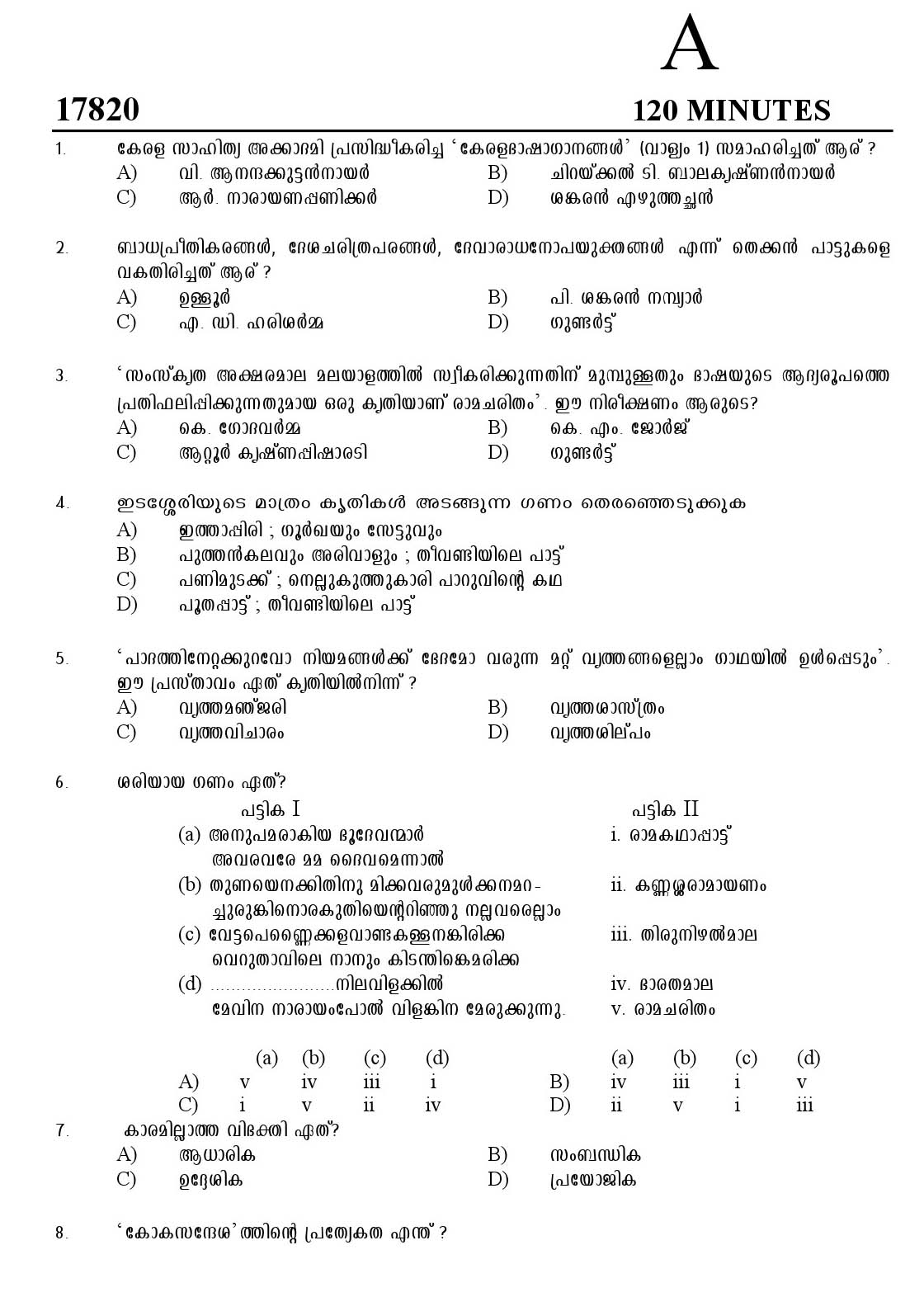 Kerala SET Malayalam Exam 2017 Question Code 17820 A 1