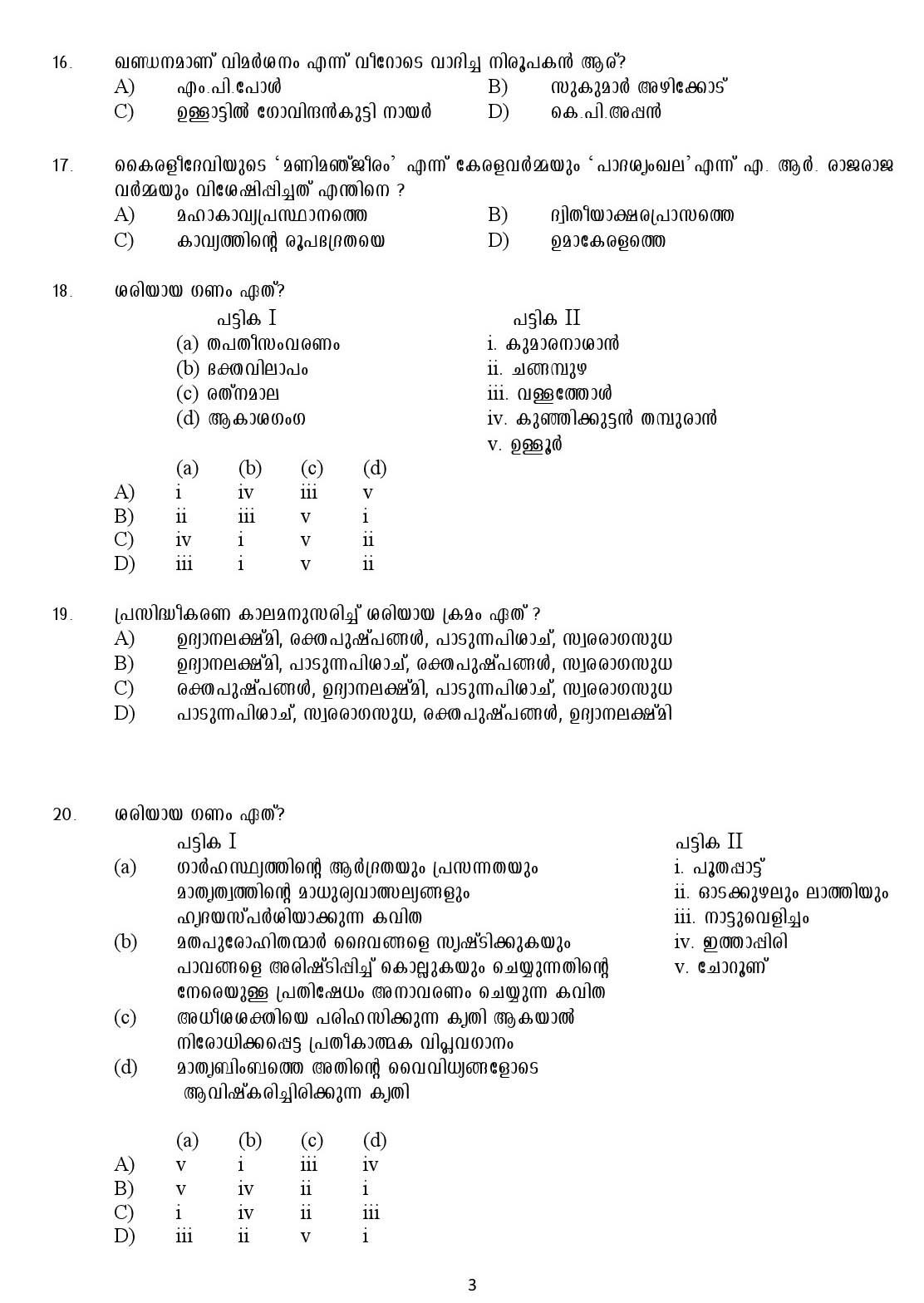 Kerala SET Malayalam Exam 2017 Question Code 17820 A 3