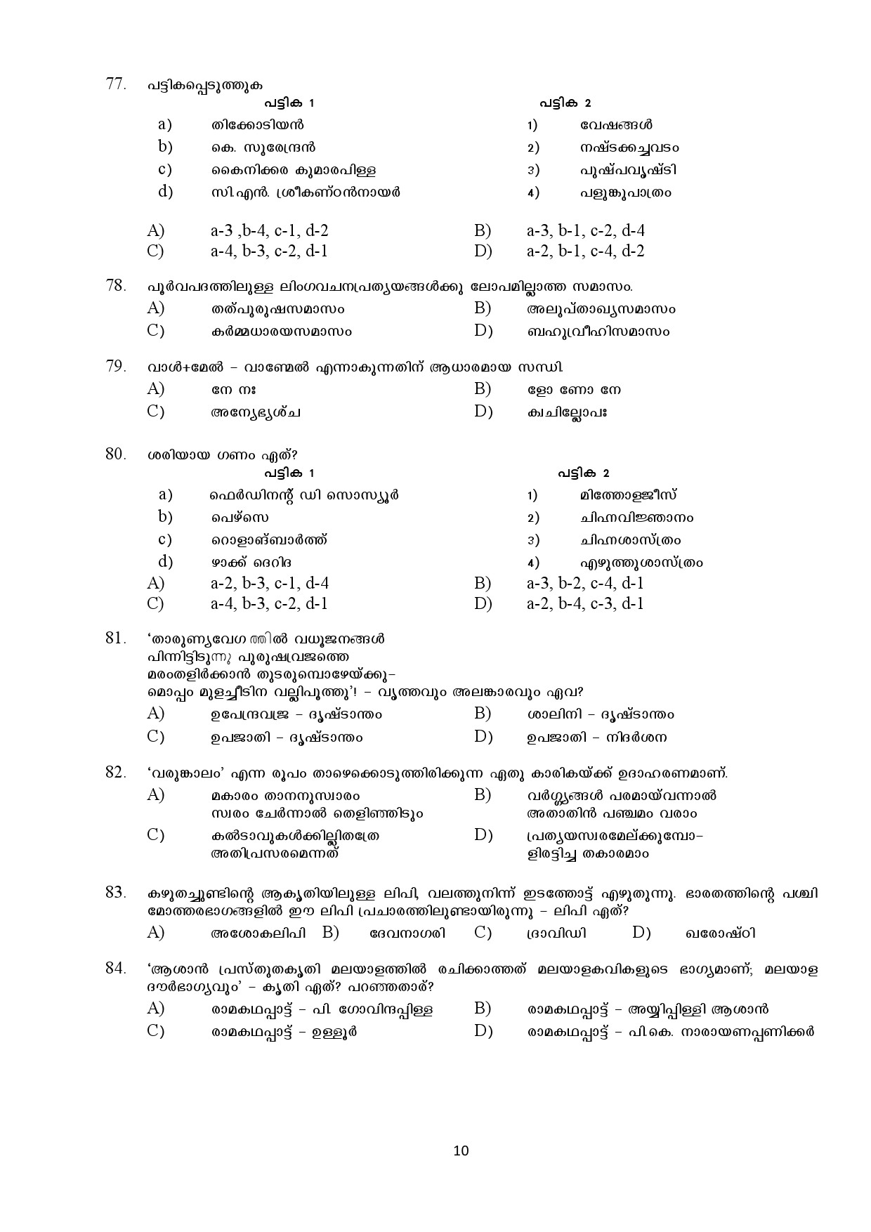 Kerala SET Malayalam Exam Question Paper February 2018 10