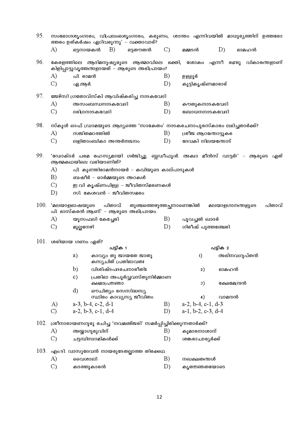 Kerala SET Malayalam Exam Question Paper February 2018 12