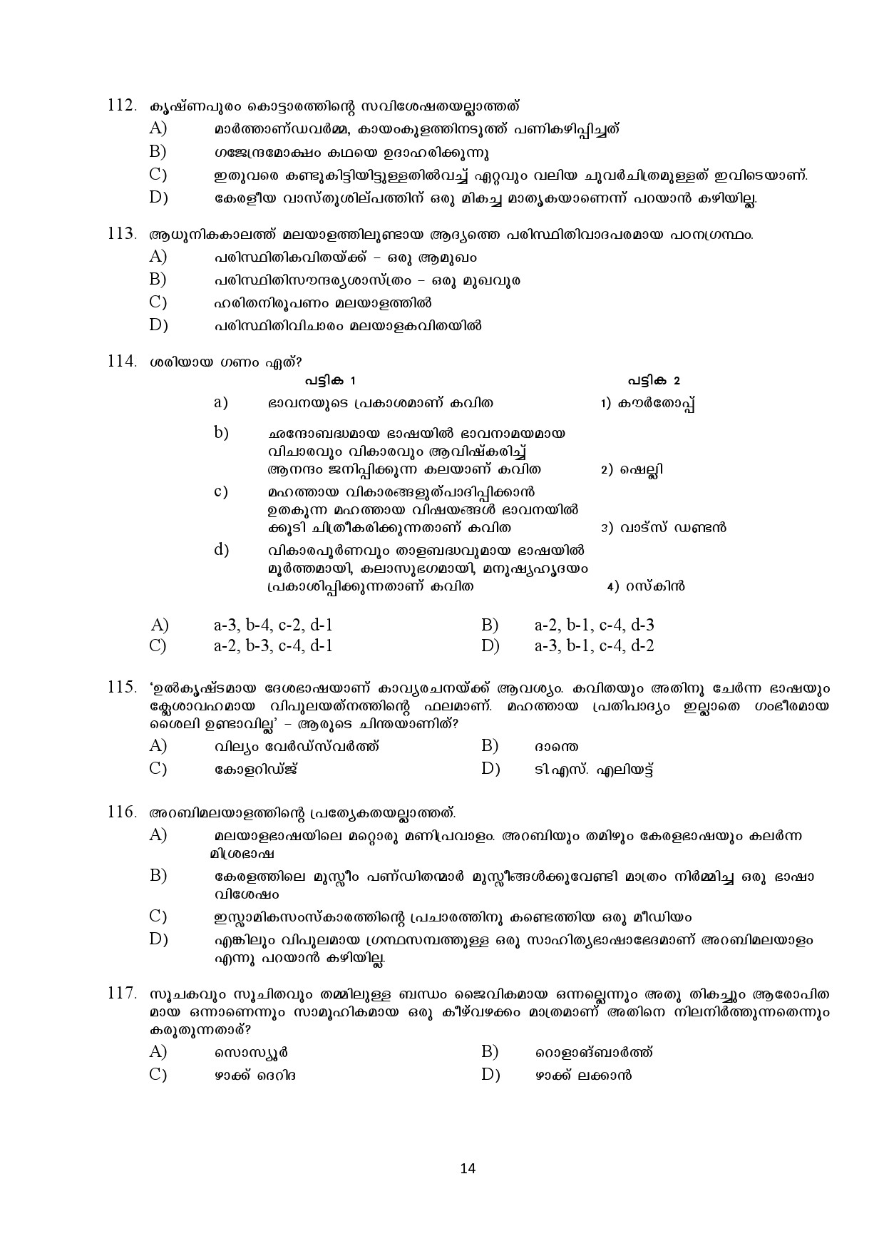 Kerala SET Malayalam Exam Question Paper February 2018 14