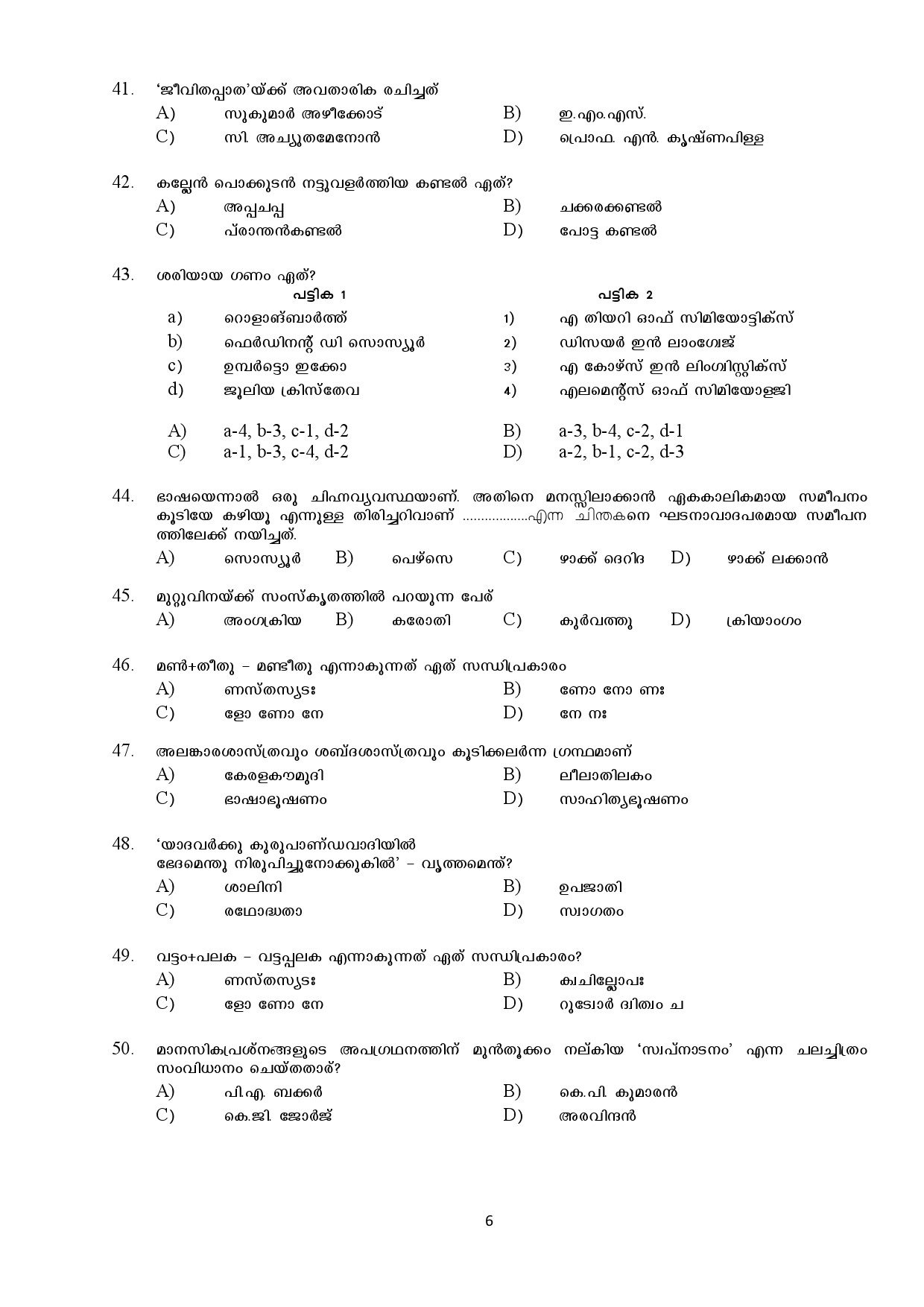 Kerala SET Malayalam Exam Question Paper February 2018 6