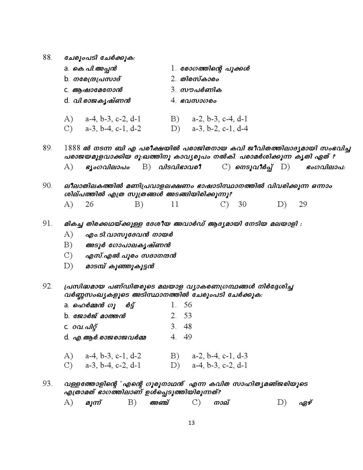 Kerala SET Malayalam Exam Question Paper January 2024 13